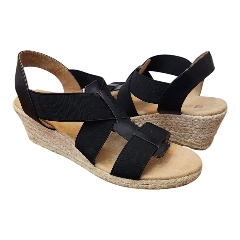 White Mountain Women's Black and Tan Espadrille Sandal Wedges, size 9 NWOB